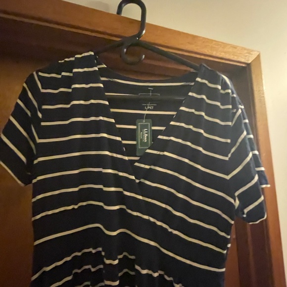 NWT L.L. Bean white Stripes Navy Blue Dress size L Large Petite knee length - Picture 2 of 7